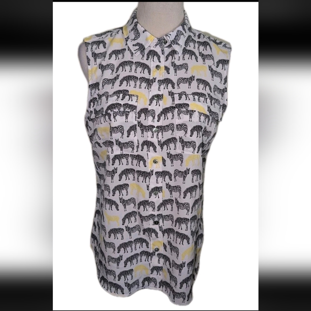 Talbots Shirt Womens Sz 6 White Black Zebra Print Sleeveless Button Up Blouse